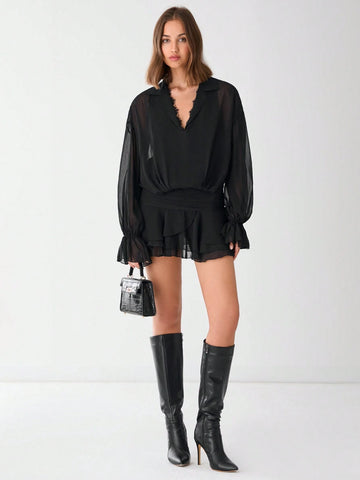 Romantic Women's Black Fashionable Lace Ruffle Collar Mesh Dropped Shoulder Long Sleeve Elega