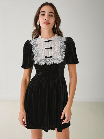 Romantic Women's Black Lace Splice Puff Sleeve Button Cute Short Velvet Bow Dress,For