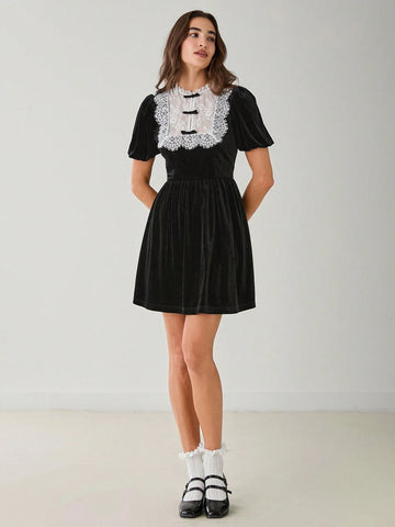 Romantic Women's Black Lace Splice Puff Sleeve Button Cute Short Velvet Bow Dress,For