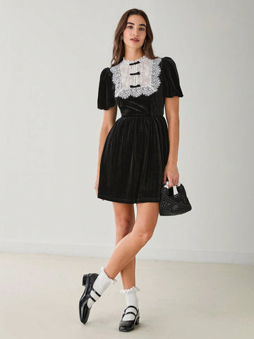 Romantic Women's Black Lace Splice Puff Sleeve Button Cute Short Velvet Bow Dress,For