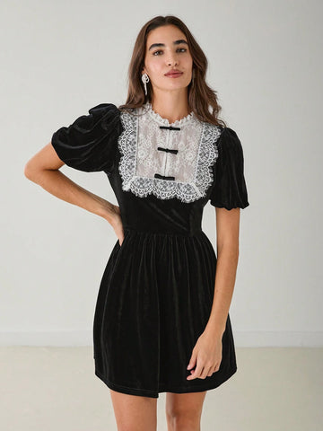 Romantic Women's Black Lace Splice Puff Sleeve Button Cute Short Velvet Bow Dress,For
