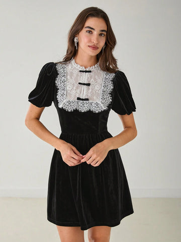 Romantic Women's Black Lace Splice Puff Sleeve Button Cute Short Velvet Bow Dress,For