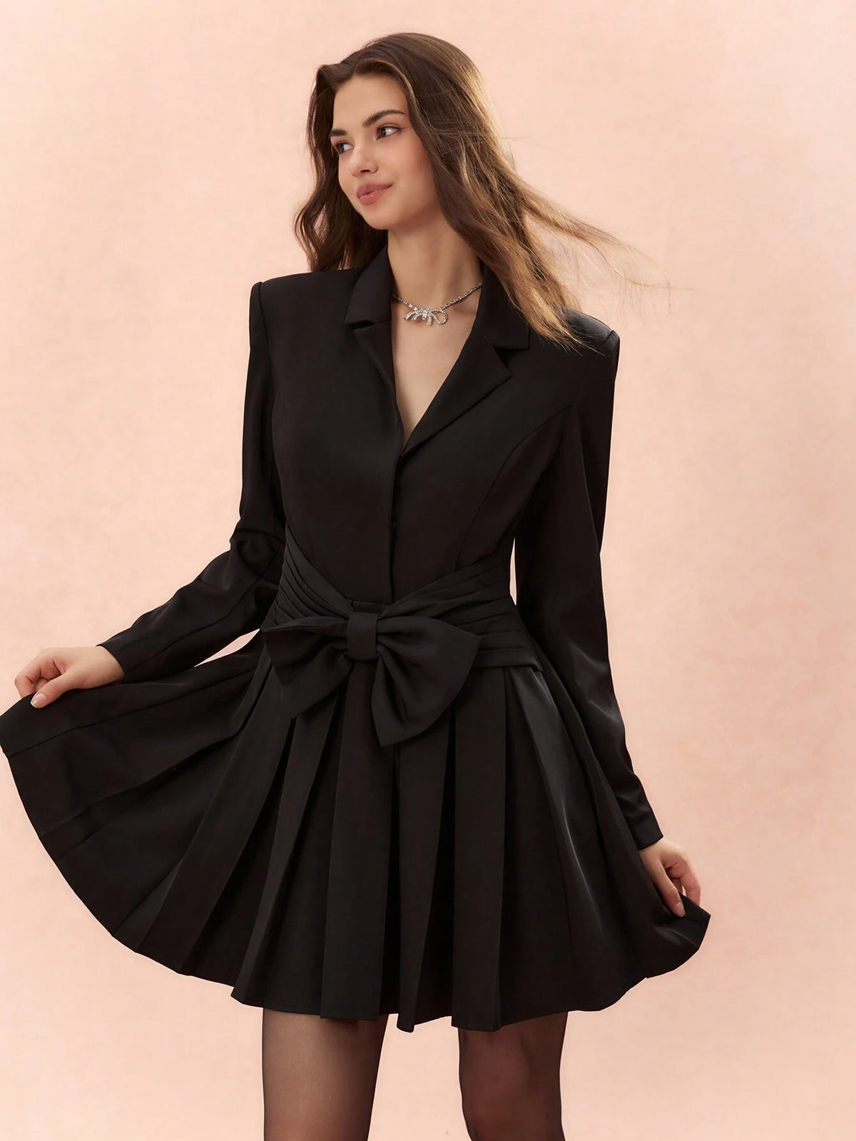 Romantic Women's Black Suit Collar Pleated Accent Casual Long Sleeve Princess Cute Bow