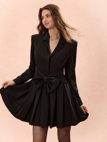 Romantic Women's Black Suit Collar Pleated Accent Casual Long Sleeve Princess Cute Bow
