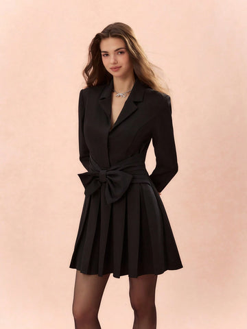 Romantic Women's Black Suit Collar Pleated Accent Casual Long Sleeve Princess Cute Bow