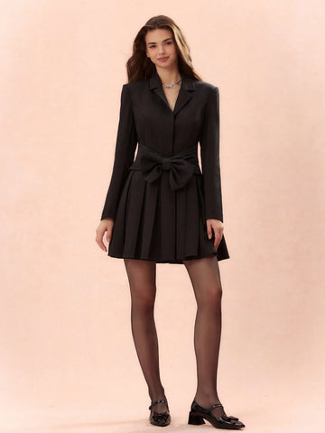 Romantic Women's Black Suit Collar Pleated Accent Casual Long Sleeve Princess Cute Bow