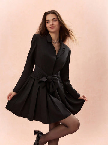 Romantic Women's Black Suit Collar Pleated Accent Casual Long Sleeve Princess Cute Bow