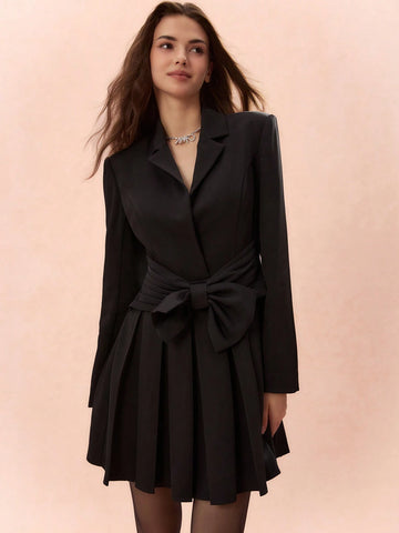 Romantic Women's Black Suit Collar Pleated Accent Casual Long Sleeve Princess Cute Bow