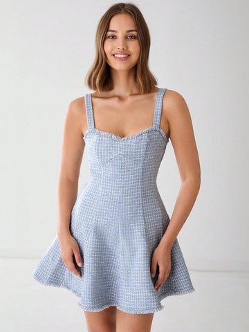 Romantic Women's Elegant Fashionable Light Blue Plaid Sleeveless Sweetheart Tweed Princess