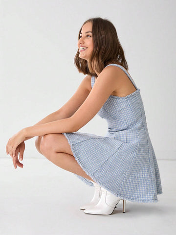 Romantic Women's Elegant Fashionable Light Blue Plaid Sleeveless Sweetheart Tweed Princess