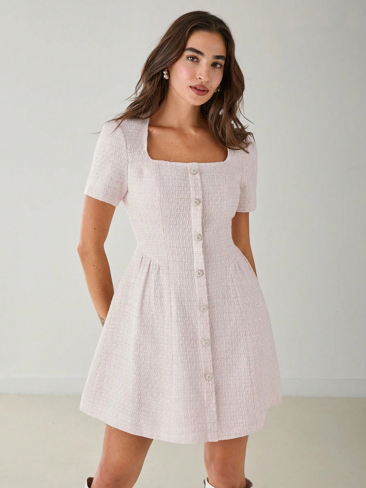 Romantic Women's Elegant Pink Front Button Princess Cute Sweetheart Tweed Dress