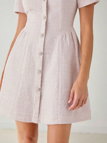 Romantic Women's Elegant Pink Front Button Princess Cute Sweetheart Tweed Dress