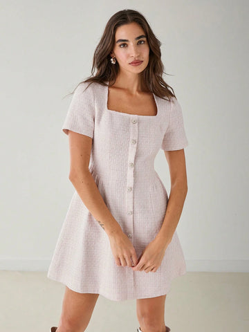 Romantic Women's Elegant Pink Front Button Princess Cute Sweetheart Tweed Dress
