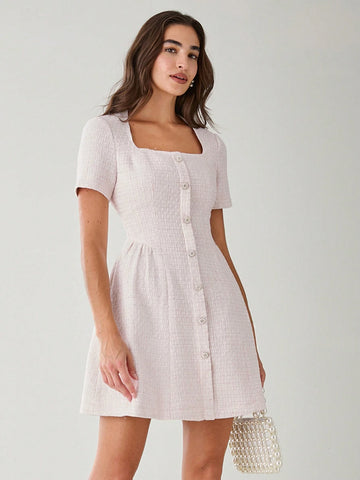 Romantic Women's Elegant Pink Front Button Princess Cute Sweetheart Tweed Dress