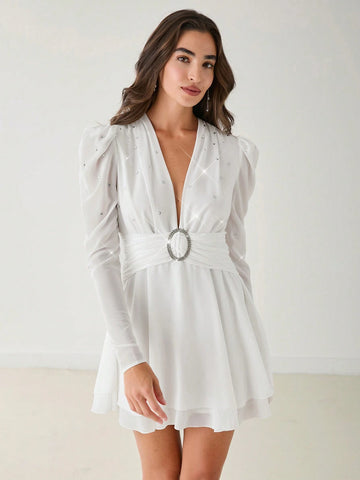Romantic Women's Fashionable Elegant Sparkling Diamond Decor Deep V-Neck Ruched Long