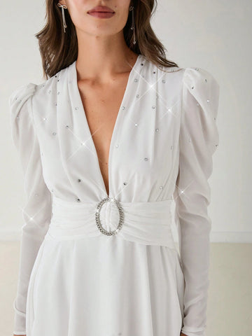 Romantic Women's Fashionable Elegant Sparkling Diamond Decor Deep V-Neck Ruched Long