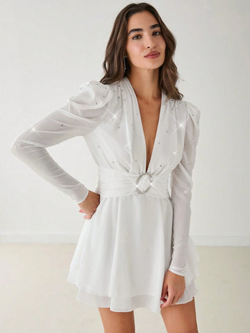 Romantic Women's Fashionable Elegant Sparkling Diamond Decor Deep V-Neck Ruched Long