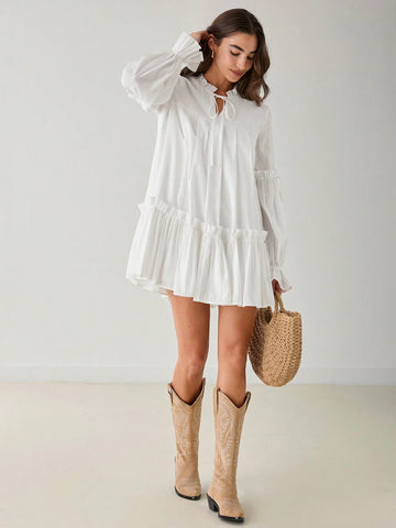 Romantic Women's Vacation Cute Sweetheart Casual White Ruffle Hem Dress