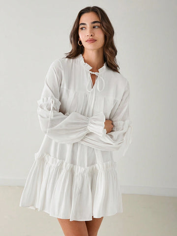 Romantic Women's Vacation Cute Sweetheart Casual White Ruffle Hem Dress