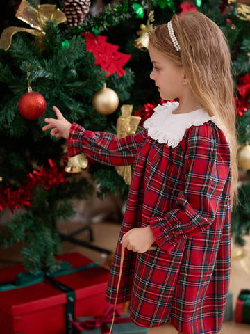 Autumn Winter Girls Toddlers Fashion Sweet Christmas Lace Dress Princess Style Plaid Sister Matching Dresses