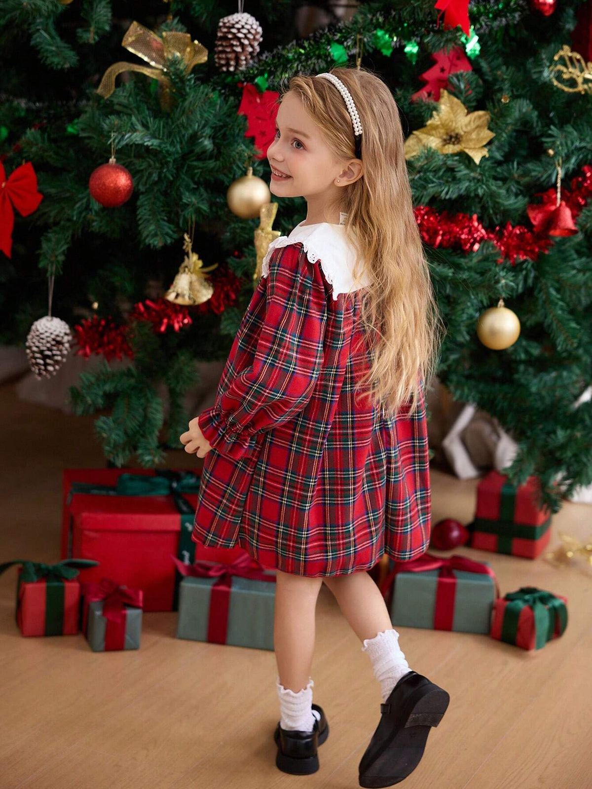 Autumn Winter Girls Toddlers Fashion Sweet Christmas Lace Dress Princess Style Plaid Sister Matching Dresses