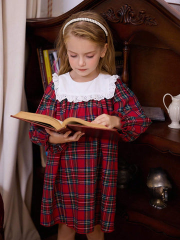 Autumn Winter Girls Toddlers Fashion Sweet Christmas Lace Dress Princess Style Plaid Sister Matching Dresses