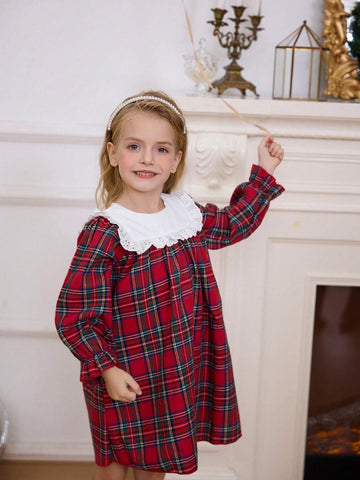 Autumn Winter Girls Toddlers Fashion Sweet Christmas Lace Dress Princess Style Plaid Sister Matching Dresses