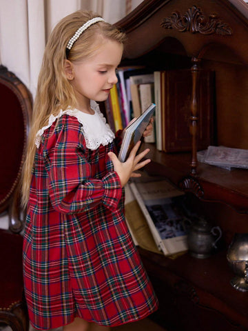 Autumn Winter Girls Toddlers Fashion Sweet Christmas Lace Dress Princess Style Plaid Sister Matching Dresses