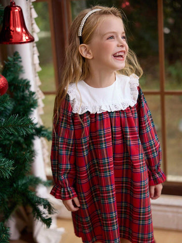 Autumn Winter Girls Toddlers Fashion Sweet Christmas Lace Dress Princess Style Plaid Sister Matching Dresses