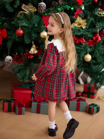 Autumn Winter Girls Toddlers Fashion Sweet Christmas Lace Dress Princess Style Plaid Sister Matching Dresses