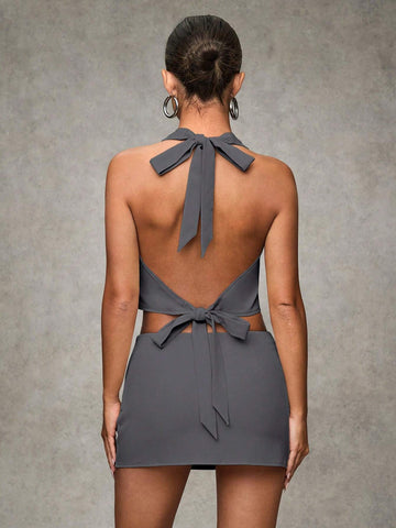 1 Set Women Khaki Solid Color Retro Casual Commute Multipurpose Halter Necktie Blouse And Low Waist Mini Skirt