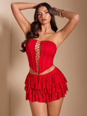2pcs/Set Women Solid Color Red Sexy Lace Hollow Out Bandeau Bra & Multi Layered Cake Mini Skirt Set, Suitable For Layering, Cocktail Party, Romantic Date, Nightclub, Gathering, Bridesmaid, Going Out, Halloween, Christmas, Valentine's Day