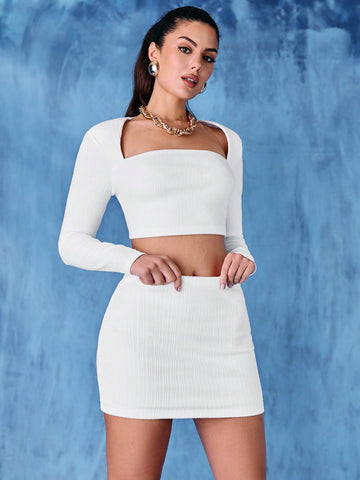 2pcs/set Solid Color Top & Skirt Set