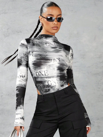 Abstract Newspaper Print Half Turtleneck Long Sleeve Jumpsuit - Street Style