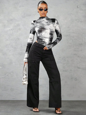 Abstract Newspaper Print Half Turtleneck Long Sleeve Jumpsuit - Street Style