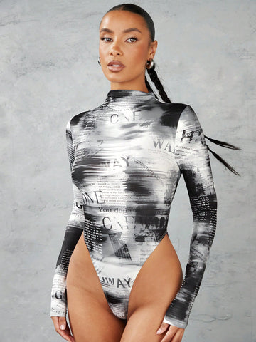 Abstract Newspaper Print Half Turtleneck Long Sleeve Jumpsuit - Street Style