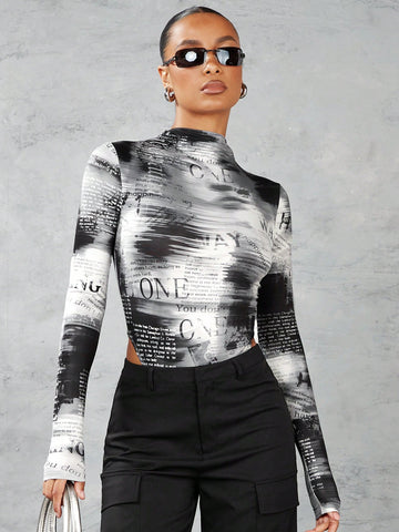Abstract Newspaper Print Half Turtleneck Long Sleeve Jumpsuit - Street Style