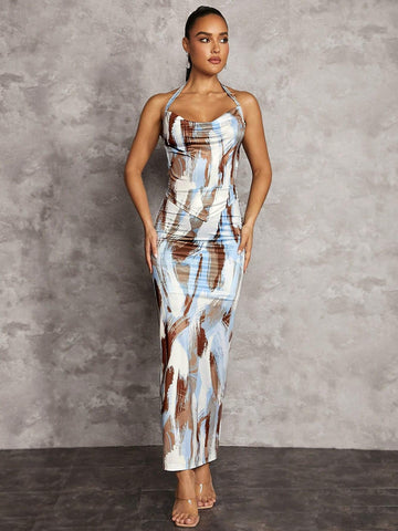 Abstract Print Sexy Big Backless Cross Strap Gathered Pleated Draped Halter Neck Scarf Hem Top And Low Waist Long Slit Skirt Women's Two Piece Set