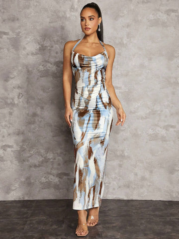 Abstract Print Sexy Big Backless Cross Strap Gathered Pleated Draped Halter Neck Scarf Hem Top And Low Waist Long Slit Skirt Women's Two Piece Set