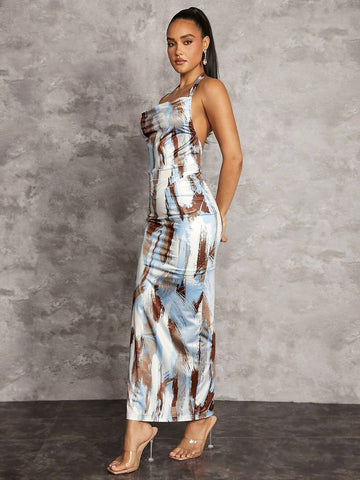 Abstract Print Sexy Big Backless Cross Strap Gathered Pleated Draped Halter Neck Scarf Hem Top And Low Waist Long Slit Skirt Women's Two Piece Set