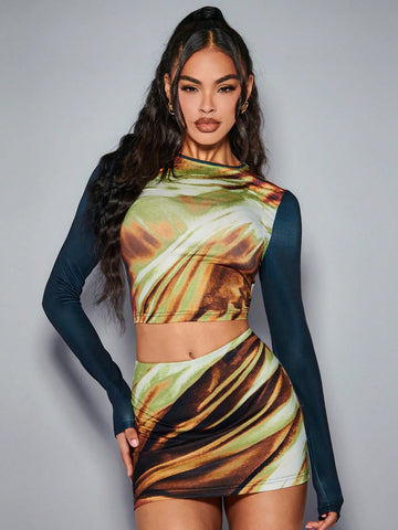 Allover Print Mock Neck Crop Tee & Bodycon Skirt