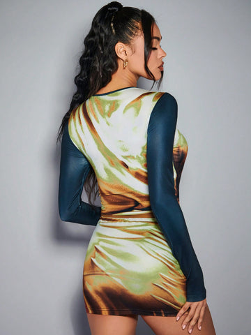 Allover Print Mock Neck Crop Tee & Bodycon Skirt