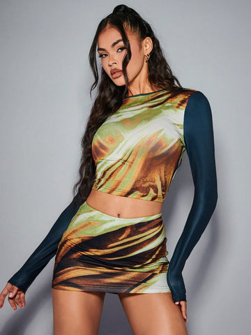 Allover Print Mock Neck Crop Tee & Bodycon Skirt