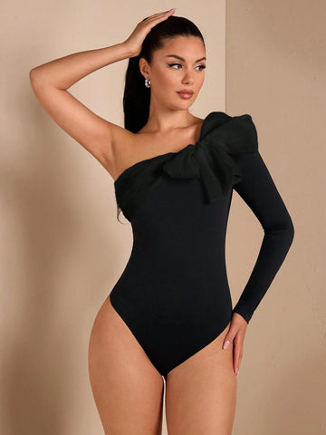 Asymmetric Bowknot Color Block Long Sleeve Bodysuit, Elegant Sexy Bodysuit Suitable For Romantic Dates, Parties, Formal Gatherings, Going Out At Night, Halloween, Christmas, Goddess
