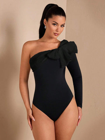 Asymmetric Bowknot Color Block Long Sleeve Bodysuit, Elegant Sexy Bodysuit Suitable For Romantic Dates, Parties, Formal Gatherings, Going Out At Night, Halloween, Christmas, Goddess