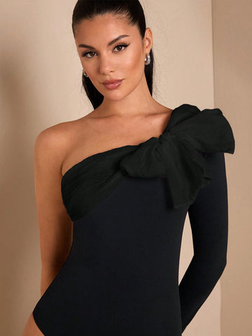 Asymmetric Bowknot Color Block Long Sleeve Bodysuit, Elegant Sexy Bodysuit Suitable For Romantic Dates, Parties, Formal Gatherings, Going Out At Night, Halloween, Christmas, Goddess
