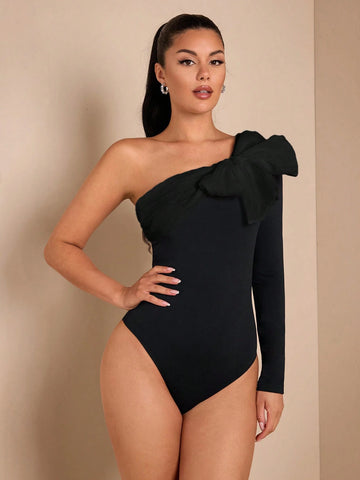 Asymmetric Bowknot Color Block Long Sleeve Bodysuit, Elegant Sexy Bodysuit Suitable For Romantic Dates, Parties, Formal Gatherings, Going Out At Night, Halloween, Christmas, Goddess