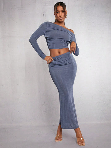 Asymmetrical Neck Ruched Crop Top & Pencil Skirt