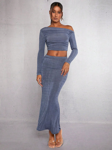 Asymmetrical Neck Ruched Crop Top & Pencil Skirt