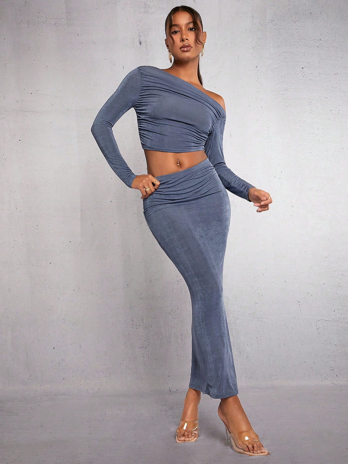 Asymmetrical Neck Ruched Crop Top & Pencil Skirt